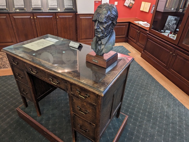 A bust and the desk of J.R.R. Tolkien.